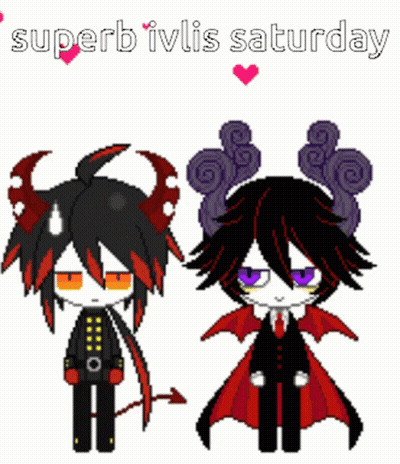 A Couple Of Demons Standing Next To Each Other With The Words Superb Ivlis Saturday Written Above Them GIF