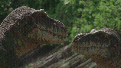 A Couple Of Dinosaurs Looking At Each Other With Trees Behind Them GIF