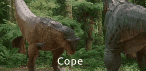 A Couple Of Dinosaurs Standing Next To Each Other With The Word Cope On The Bottom Right GIF