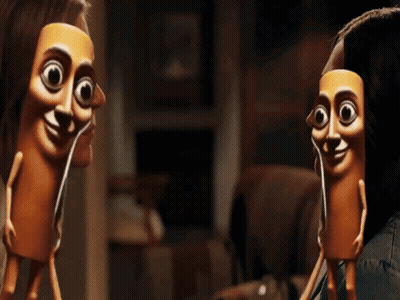 A Couple Of Dolls With Their Faces On Them GIF