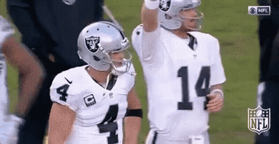 A Couple Of Football Players Standing Next To Each Other On A Field . One Of The Players Has The Number 14 On His Jersey GIF