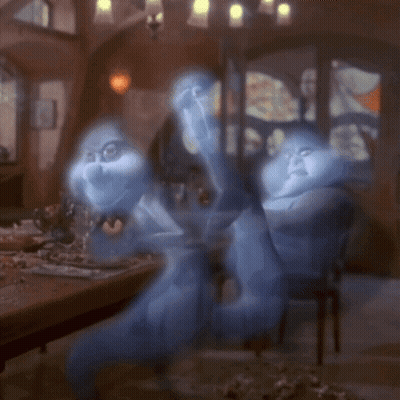 A Couple Of Ghosts Are Sitting At A Table In A Dark Room GIF