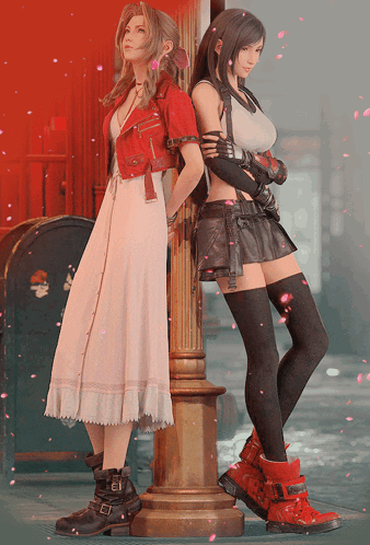 A Couple Of Girls Standing Next To Each Other With Petals Falling Around Them GIF