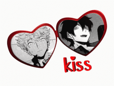 A Couple Of Heart Shaped Frames With The Word Kiss Below Them GIF
