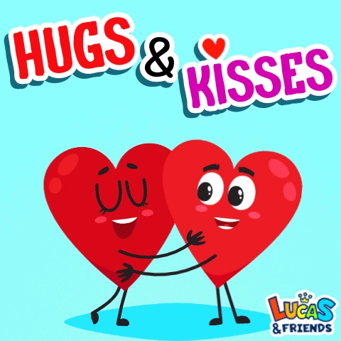 A Couple Of Hearts Hugging Each Other With The Words Hugs & Kisses GIF