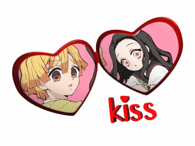 A Couple Of Hearts With A Girl And A Boy And The Word Kiss Below Them GIF
