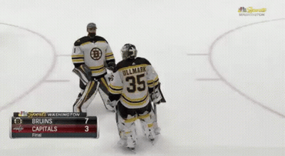 A Couple Of Hockey Players Are Standing On A Rink With Their Arms In The Air . GIF