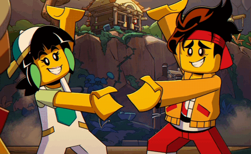 A Couple Of Lego Characters Are Dancing Together GIF