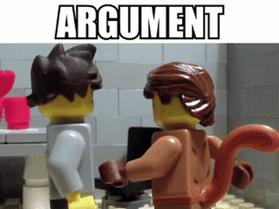 A Couple Of Lego Figures Standing Next To Each Other With The Words Argument Above Them GIF