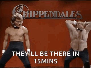 A Couple Of Men Are Dancing In Front Of A Sign That Says They 'Ll Be There In 15 Minutes . GIF