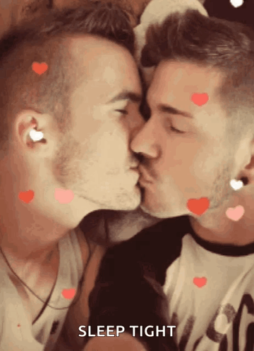 A Couple Of Men Kissing With Hearts Around Them And The Words Sleep Tight On The Bottom GIF