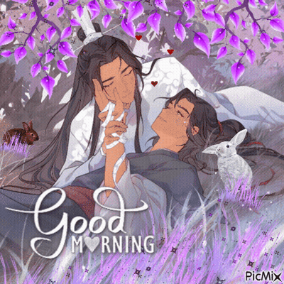 A Couple Of Men Laying In A Field With The Words Good Morning On The Bottom GIF