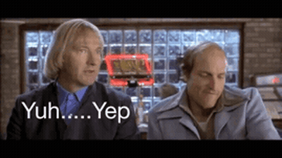 A Couple Of Men Sitting Next To Each Other With Yuh Yep Written On The Bottom GIF