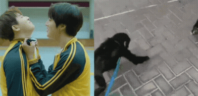 A Couple Of Men Standing Next To Each Other And A Monkey Standing Next To A Person . GIF