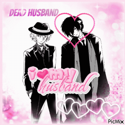 A Couple Of Men Standing Next To Each Other With The Words Dead Husband I Love My Husband On The Bottom GIF