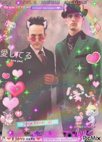 A Couple Of Men Standing Next To Each Other With The Words My Little Meow Meows GIF