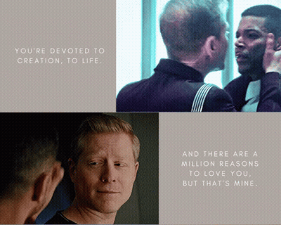A Couple Of Men Standing Next To Each Other With The Words You 'Re Devoted To Creation To Life GIF