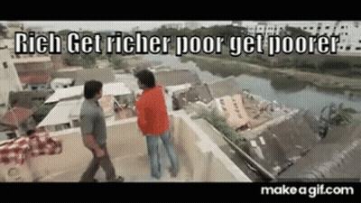 A Couple Of Men Standing On Top Of A Building With The Words Rich Get Richer Poor Get Poorer . GIF