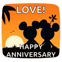 A Couple Of Mickey Mouse Silhouettes Sitting Next To Each Other On A Beach . GIF