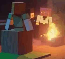 A Couple Of Minecraft Characters Are Standing Next To A Fire . GIF