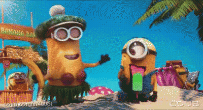 A Couple Of Minions Are Standing In Front Of A Banana Bar GIF