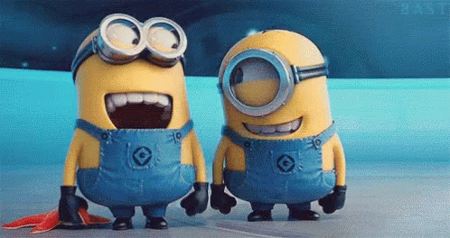 A Couple Of Minions Are Standing Next To Each Other With Their Mouths Open GIF