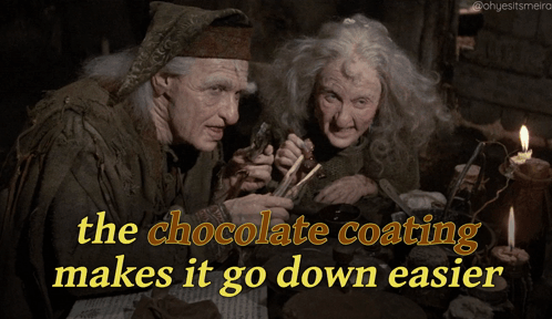 A Couple Of Old People With The Words " The Chocolate Coating Makes It Go Down Easier " On The Bottom GIF