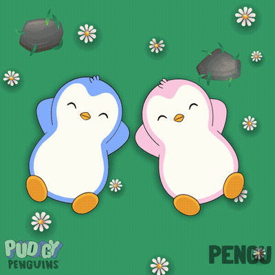 A Couple Of Penguins Are Sitting In A Field With The Words Pudgy Penguins GIF