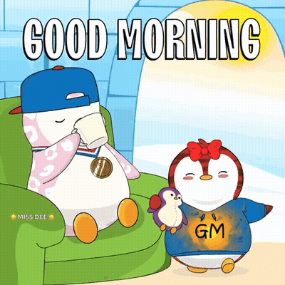 A Couple Of Penguins Are Sitting On A Couch With The Words Good Morning Written On The Bottom GIF