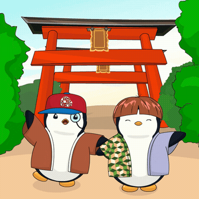 a couple of penguins holding hands in front of a torii gate