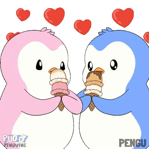A Couple Of Penguins Holding Ice Cream Cones With Hearts Behind Them Sticker