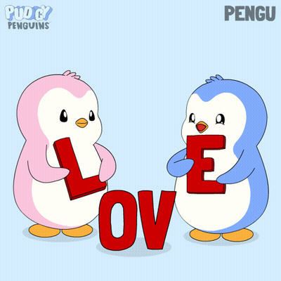 A Couple Of Penguins Holding Letters That Spell Love GIF