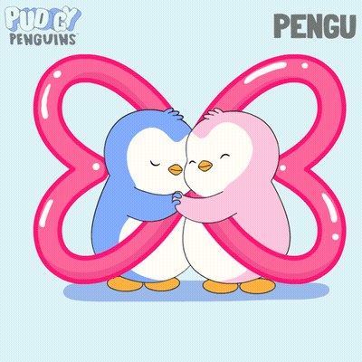A Couple Of Penguins Hugging Each Other In Front Of A Number 8 GIF