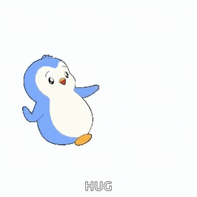 A Couple Of Penguins Hugging Each Other With A Red Heart In The Background . GIF