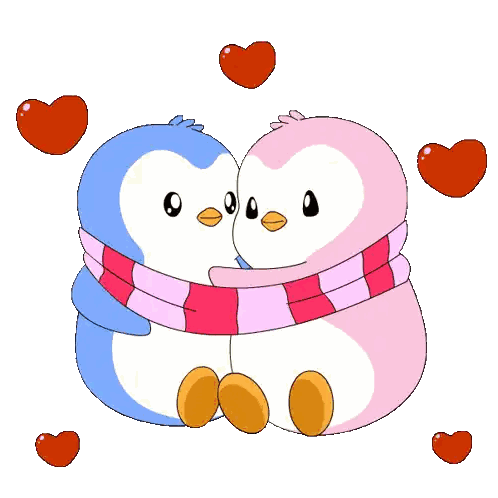 A Couple Of Penguins Hugging Each Other With Hearts Surrounding Them Sticker
