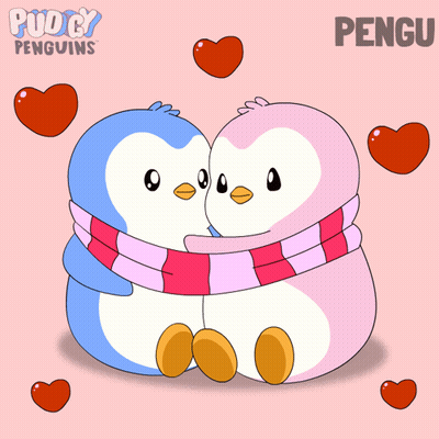 A Couple Of Penguins Hugging Each Other With The Word Pengu On The Bottom Right GIF