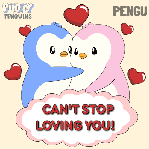 A Couple Of Penguins Hugging Each Other With The Words Can 'T Stop Loving You GIF