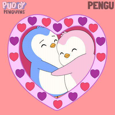 A Couple Of Penguins Hugging In A Heart Shaped Frame With The Word Pengu On The Bottom GIF