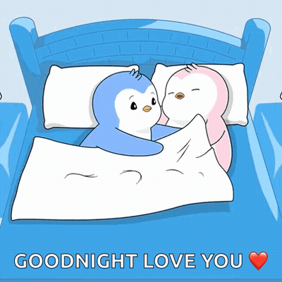 A Couple Of Penguins Laying On A Bed With The Words Goodnight Love You GIF