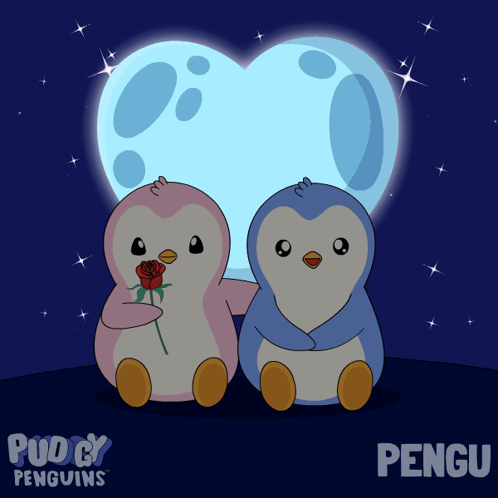 A Couple Of Penguins Sitting In Front Of A Heart Shaped Moon And The Word Pengu On The Bottom GIF