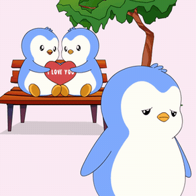 A Couple Of Penguins Sitting On A Bench Holding A Red Heart That Says I Love You GIF