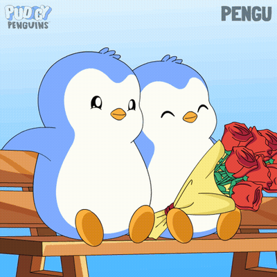 A Couple Of Penguins Sitting On A Bench With The Word Pengu On The Bottom Right GIF