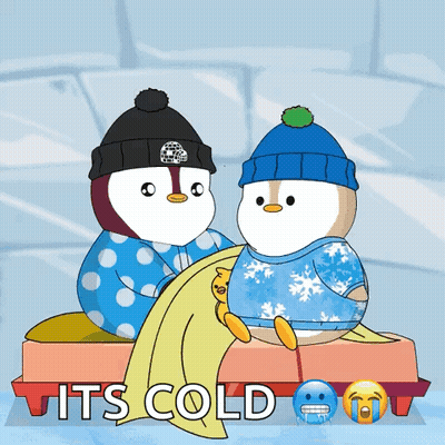 A Couple Of Penguins Sitting On A Bench With The Words It 'S Cold Above Them GIF