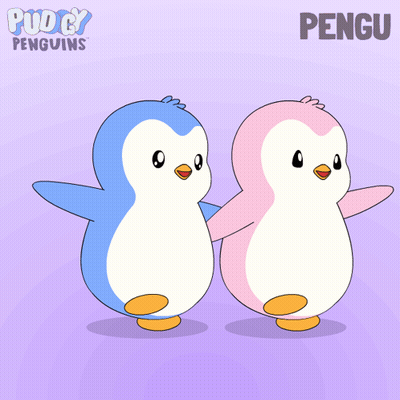 A Couple Of Penguins Standing Next To Each Other With The Word Pengu On The Bottom Right GIF