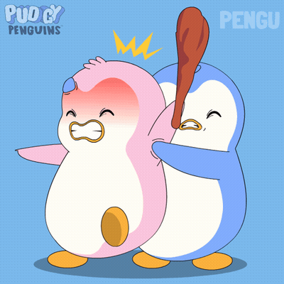 A Couple Of Penguins Standing Next To Each Other With The Words Pudgy Penguins Above Them GIF
