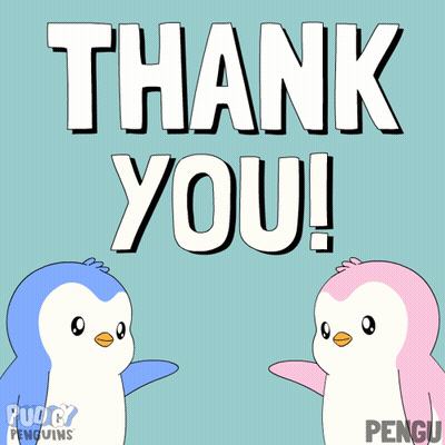 A Couple Of Penguins Standing Next To Each Other With The Words Thank You Surrounded By Hearts GIF