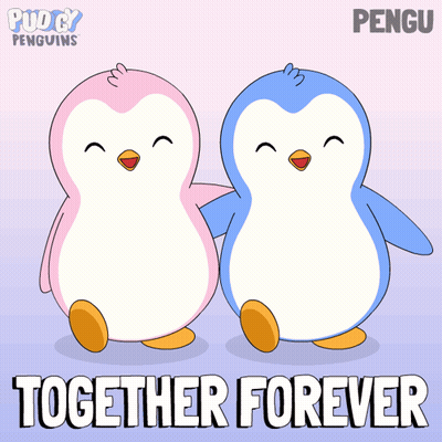 A Couple Of Penguins Standing Next To Each Other With The Words Together Forever Written Below Them GIF
