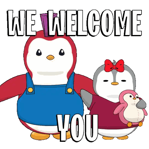 A Couple Of Penguins Standing Next To Each Other With The Words We Welcome You Sticker