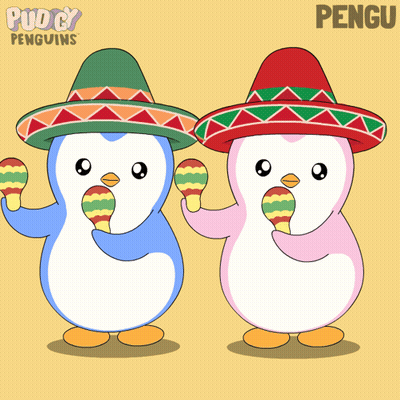 A Couple Of Penguins Wearing Sombrero Hats Holding Maracas And The Word Pengu On The Bottom GIF