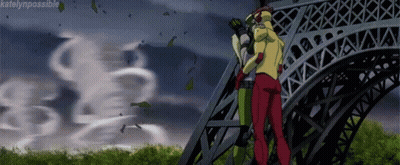 A Couple Of People Are Standing On Top Of A Very Tall Building . GIF